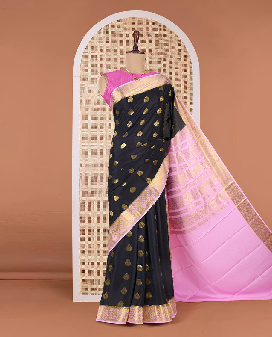 Black zari buttas Mysore silk saree, contrast jaal patterned border, and traditional zari design pallu