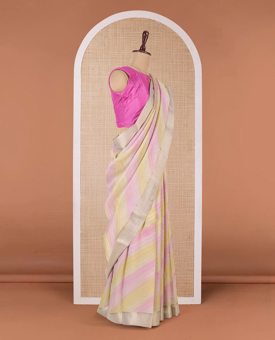 Multi-color diagonal striped Mysore silk saree, traditional zari border, and intricate pallu