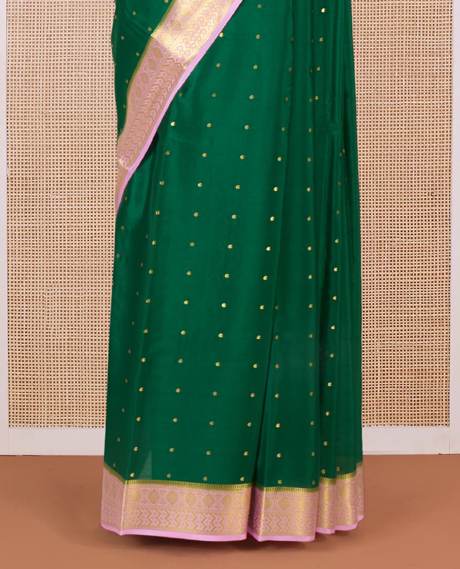 Green zari buttas Mysore silk saree, contrast traditional zari border, and pallu of jaal design
