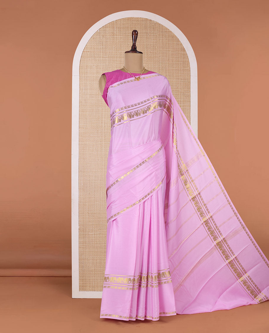 Pink plain Mysore silk saree, elephant motifs zari woven border, and zari striped pallu