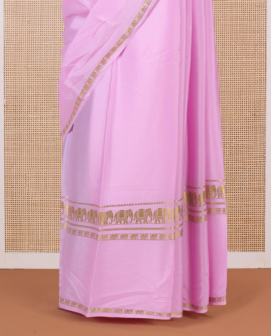 Pink plain Mysore silk saree, elephant motifs zari woven border, and zari striped pallu