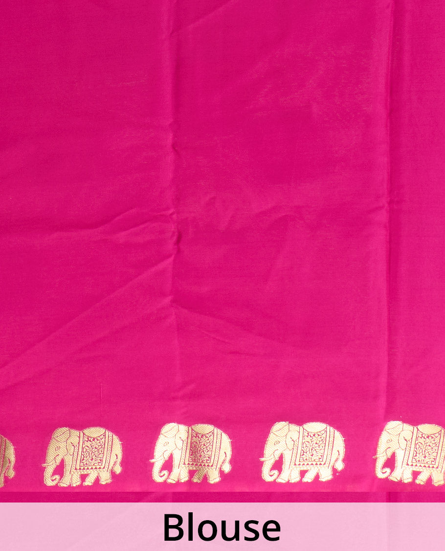 Pink plain Mysore silk saree with elephant motifs zari border, and pallu of miniatures of elephant motifs
