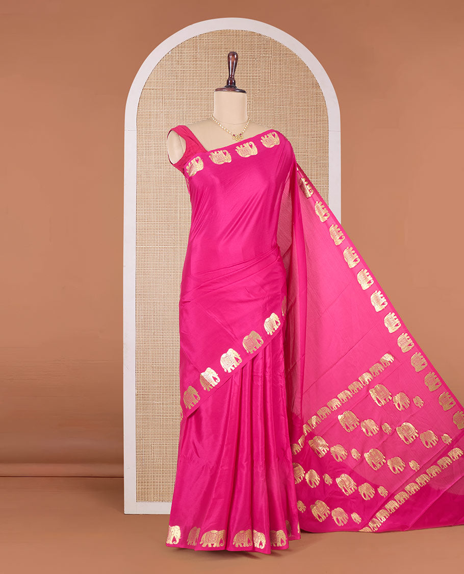 Pink plain Mysore silk saree with elephant motifs zari border, and pallu of miniatures of elephant motifs