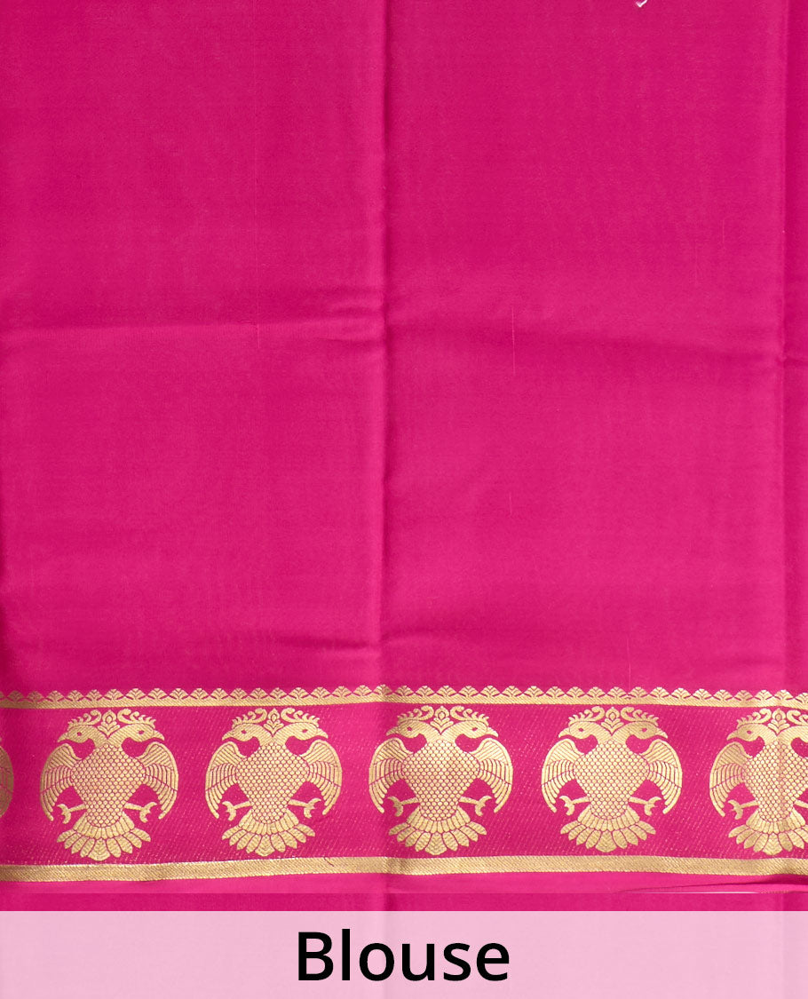 Yellow plain Mysore silk saree, contrast two-headed eagle zari border, and pallu of stripes