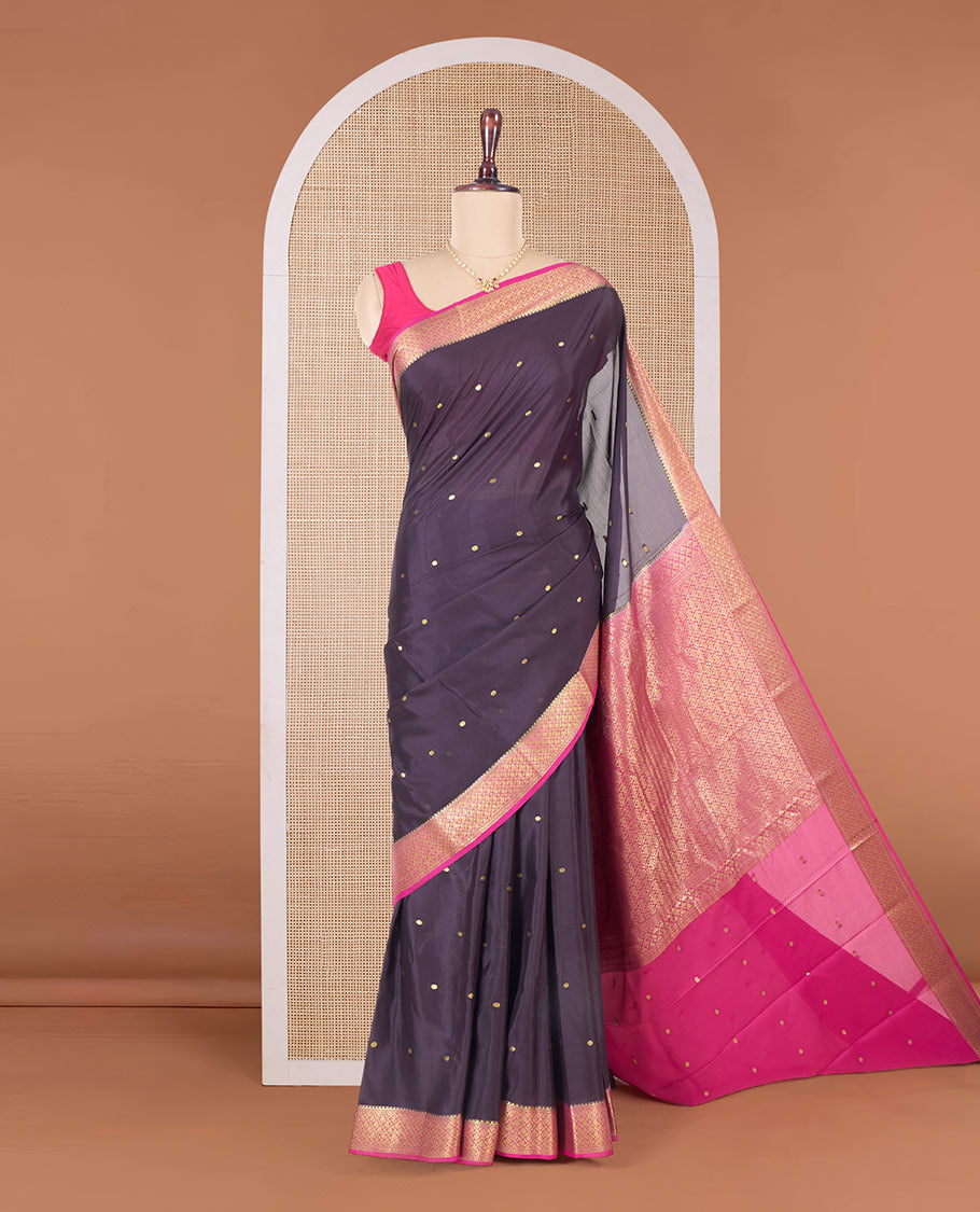 Black zari buttas Mysore silk saree, contrast jaal design zari border, and pallu of jaal design