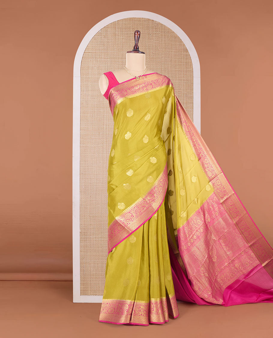 Gold zari buttas Mysore silk saree, contrast traditional zari design border, and intricate pallu