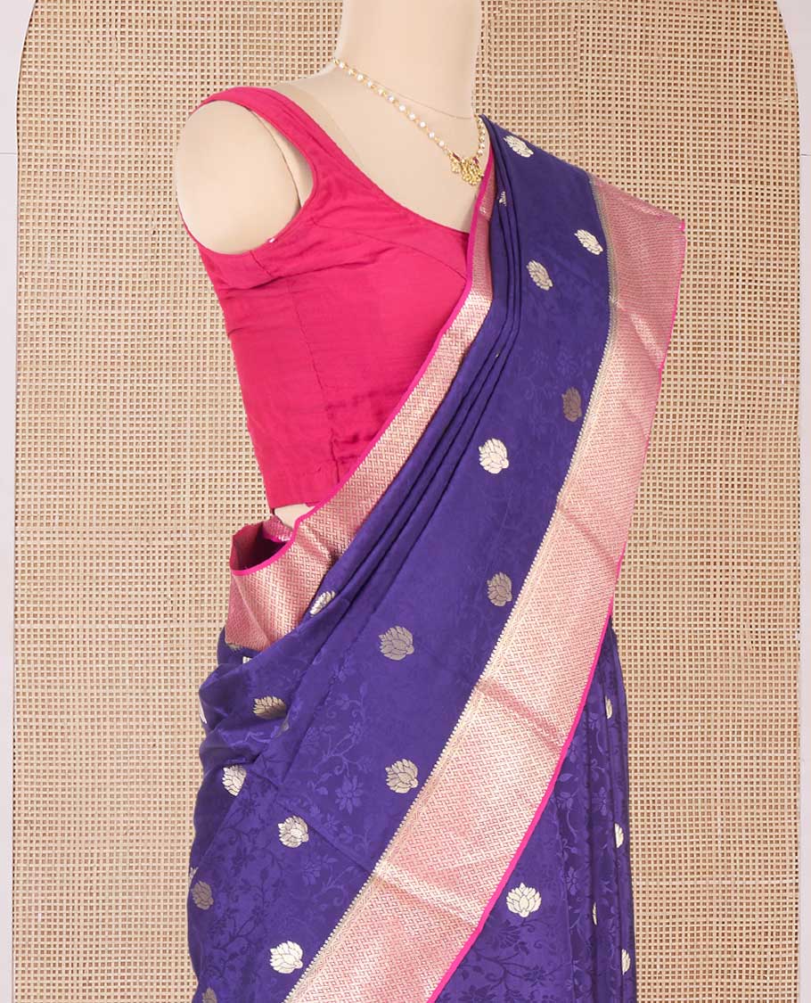 Blue floral vine embossed and zari buttas Mysore silk saree, contrast traditional zari design border, and pallu