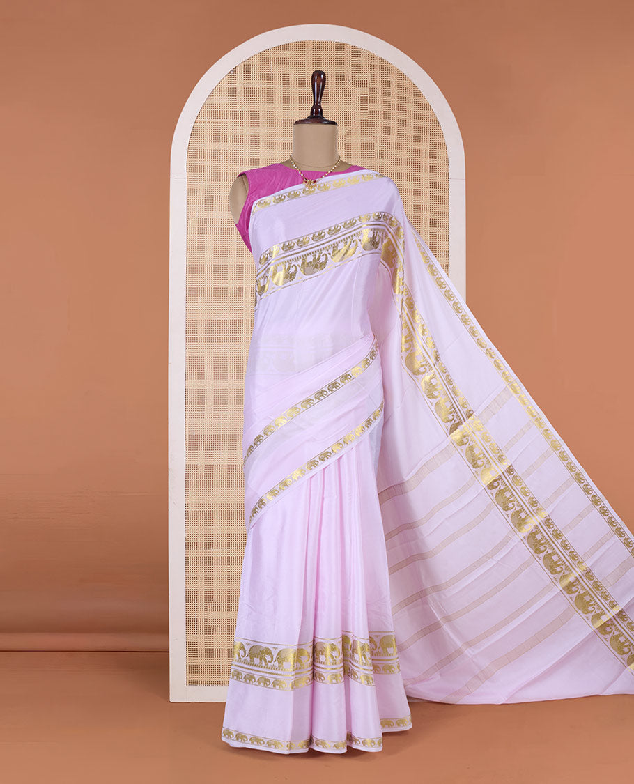 Baby pink plain Mysore silk saree, rettai pettu border of elephant motifs, and pallu of stripes in zari