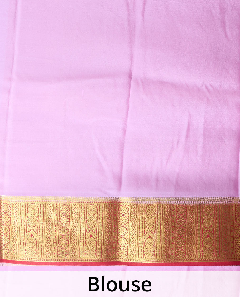 Red zari buttas Mysore silk saree, contrast traditional zari design border, and jaal pallu