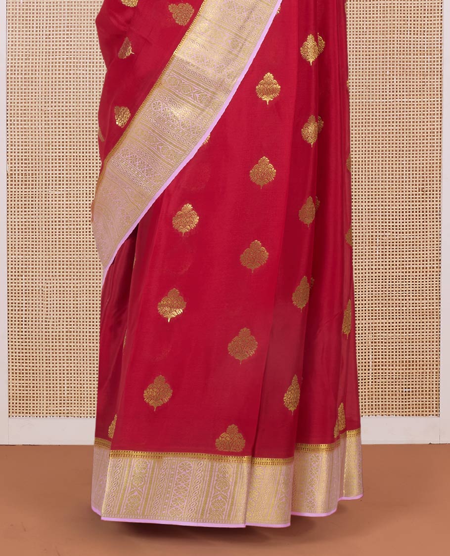 Red zari buttas Mysore silk saree, contrast traditional zari design border, and jaal pallu