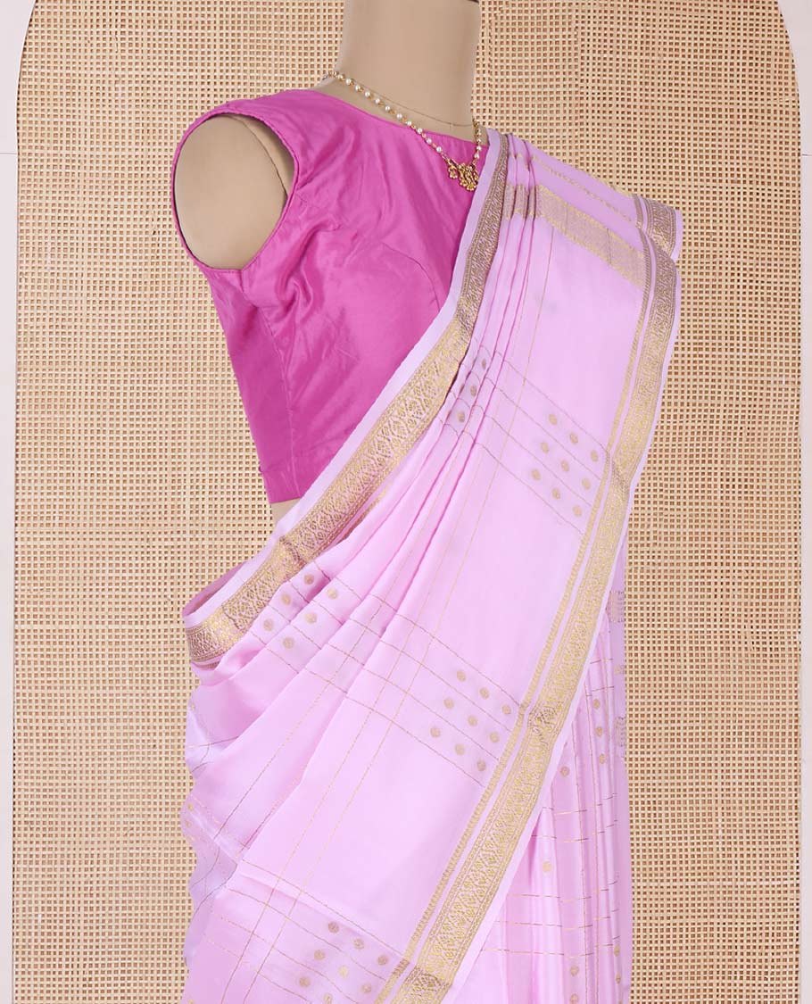 Pink zari buttas and checked Mysore silk saree, traditional zari border, and zari striped pallu