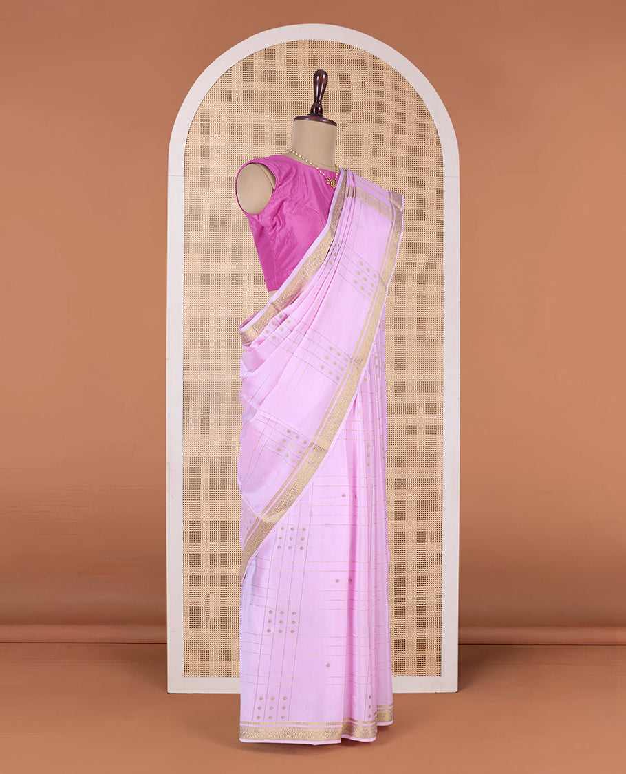 Pink zari buttas and checked Mysore silk saree, traditional zari border, and zari striped pallu