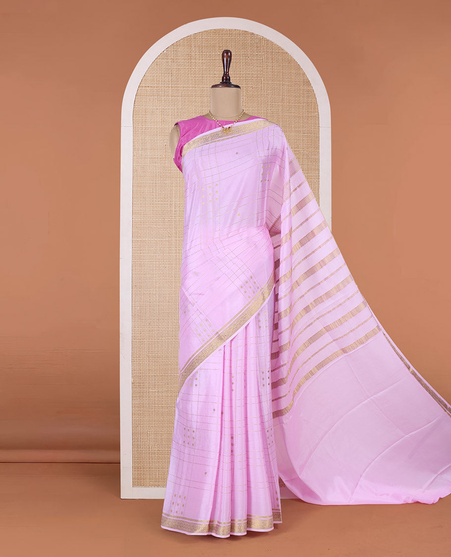 Pink zari buttas and checked Mysore silk saree, traditional zari border, and zari striped pallu