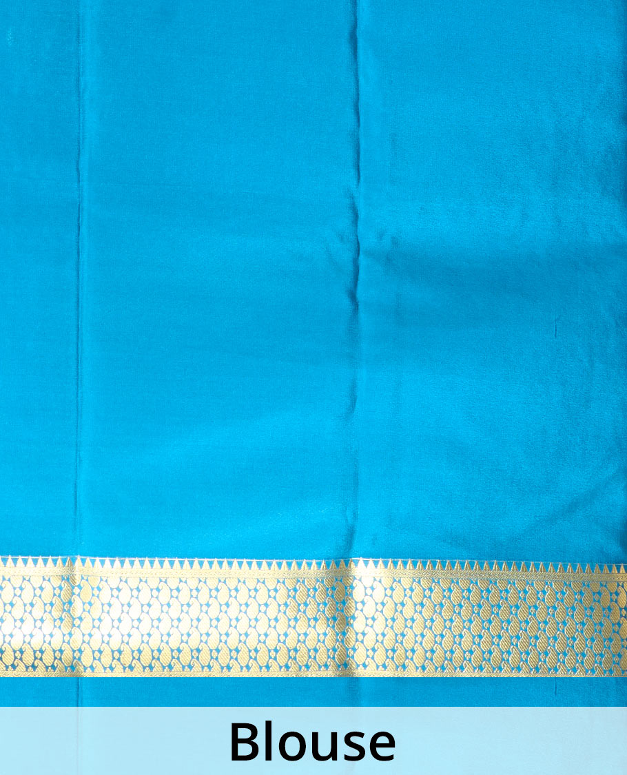 Peach zari buttas Mysore silk saree, contrast paisley zari design border, and intricate pallu