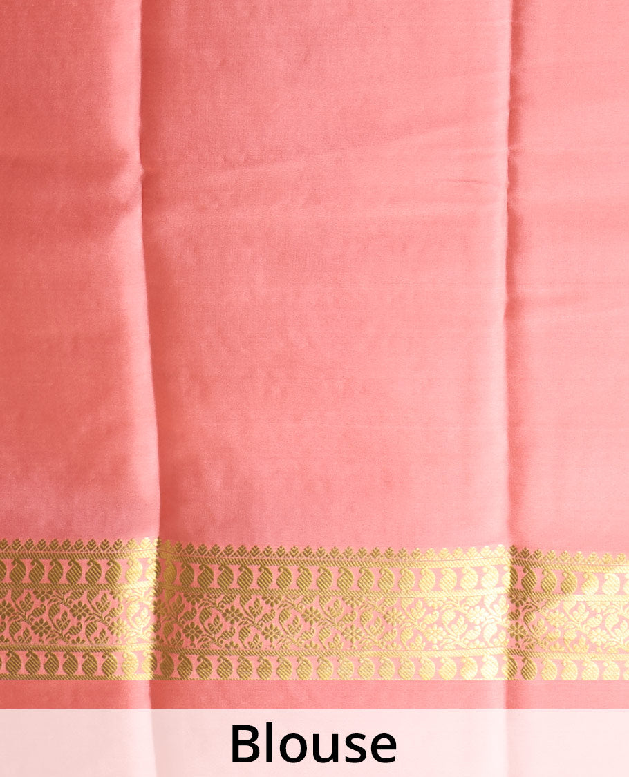 Orange zari buttas Mysore silk saree, contrast traditional zari border and jaal pallu