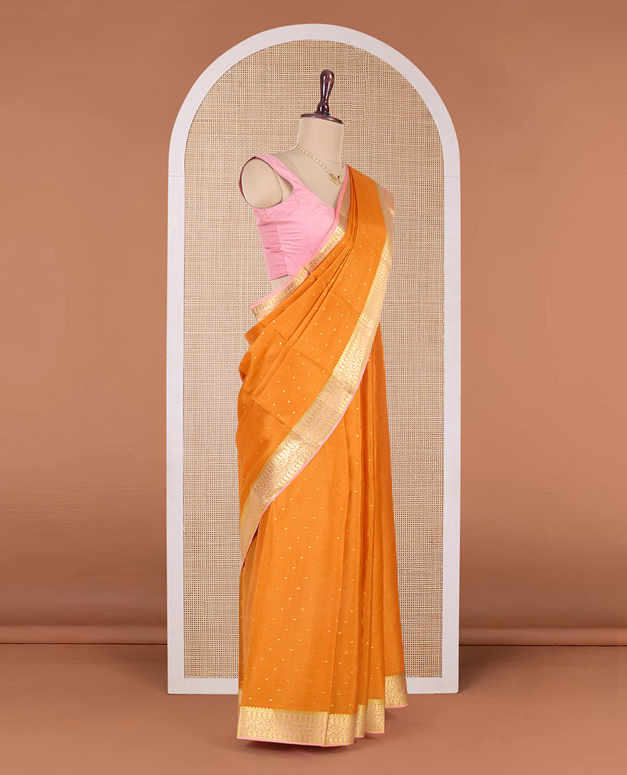 Orange zari buttas Mysore silk saree, contrast traditional zari border and jaal pallu