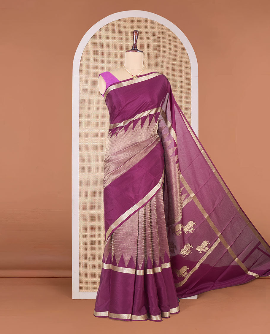 Purple plain shimmer Mysore silk saree, rettai pettu temple border, and Pichwai cow motifs zari pallu