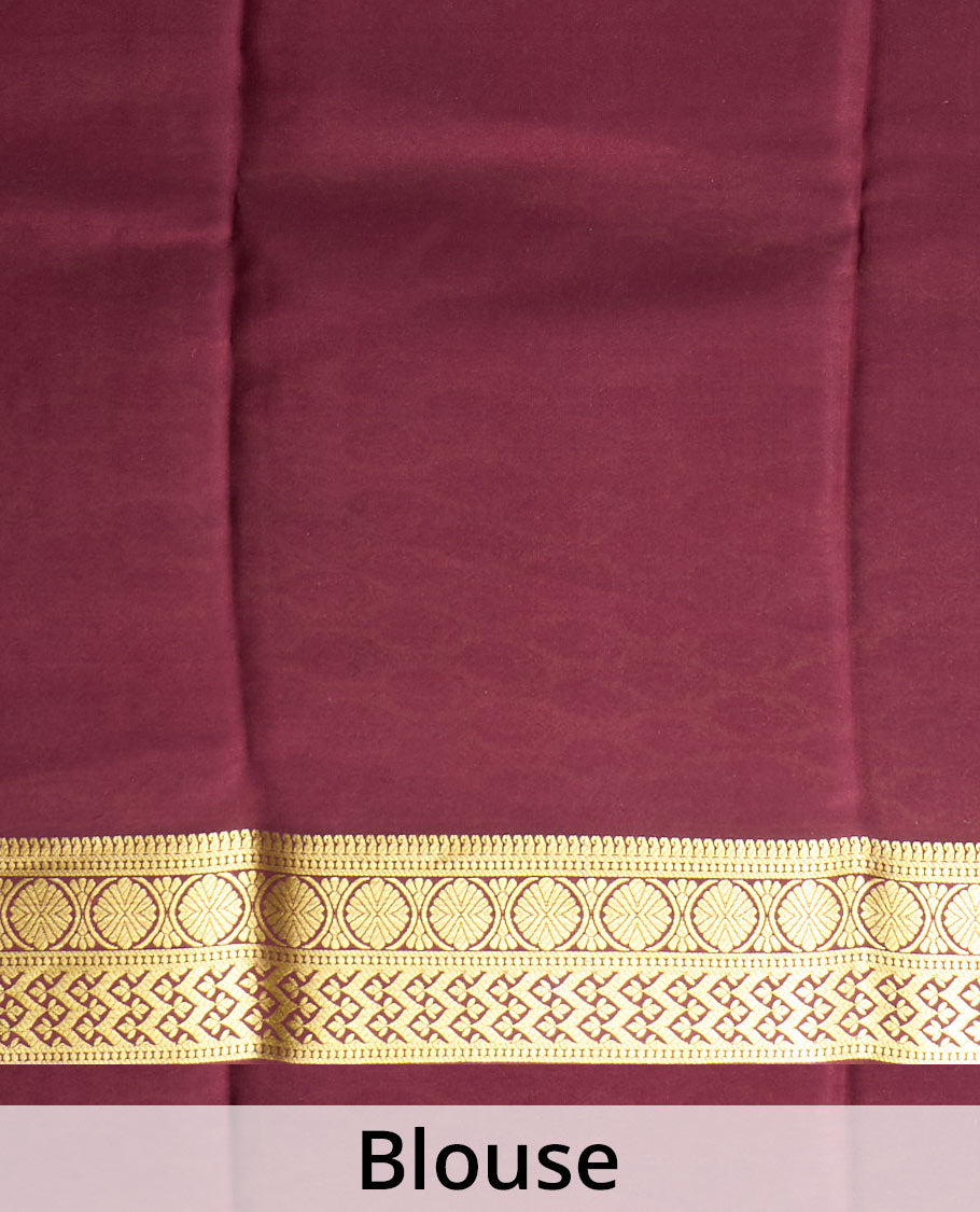 Orange zari buttas Mysore silk saree, contrast traditional zari design border, and intricate pallu