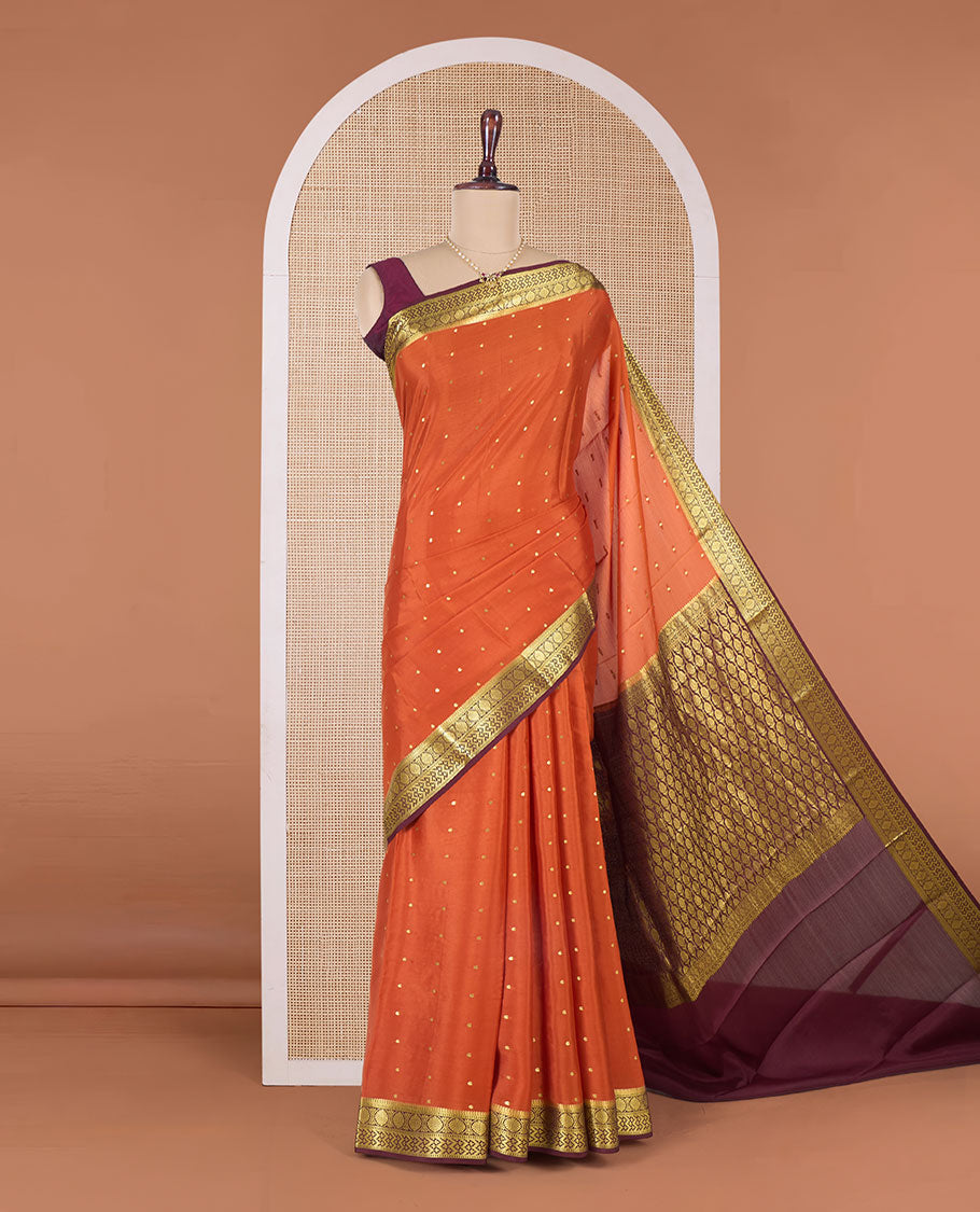 Orange zari buttas Mysore silk saree, contrast traditional zari design border, and intricate pallu