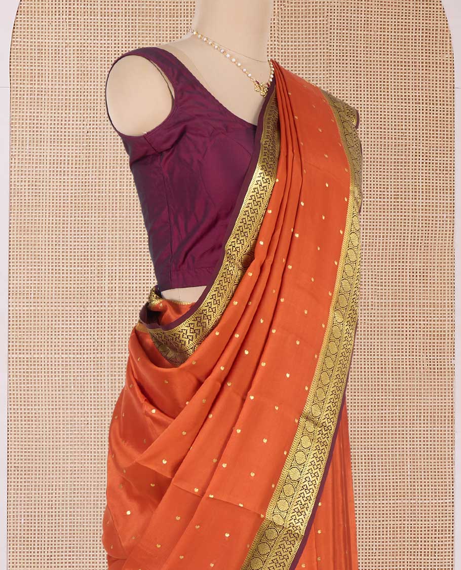 Orange zari buttas Mysore silk saree, contrast traditional zari design border, and intricate pallu