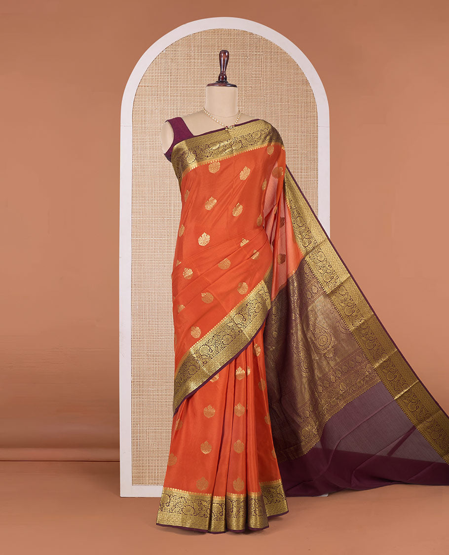 Orange zari buttas Mysore silk saree, contrast traditional zari design border, and intricate paisleys pallu