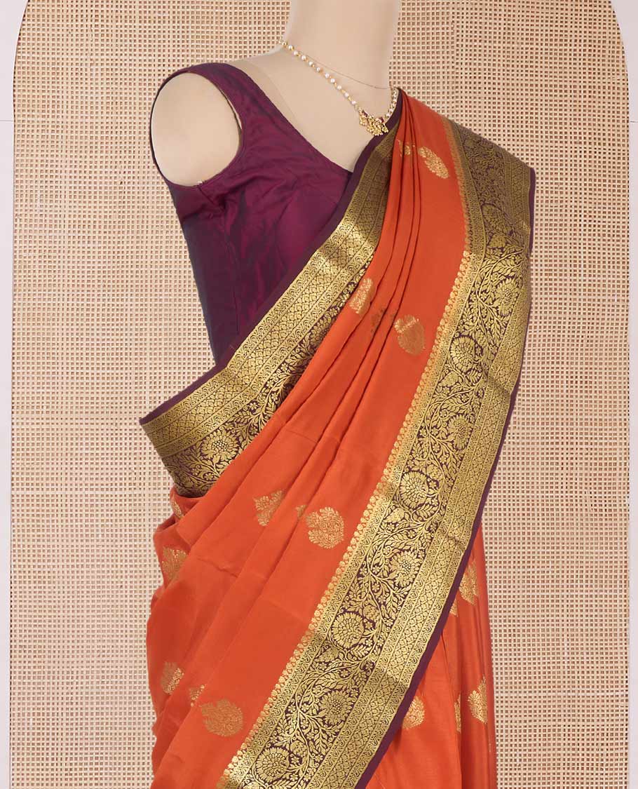 Orange zari buttas Mysore silk saree, contrast traditional zari design border, and intricate paisleys pallu