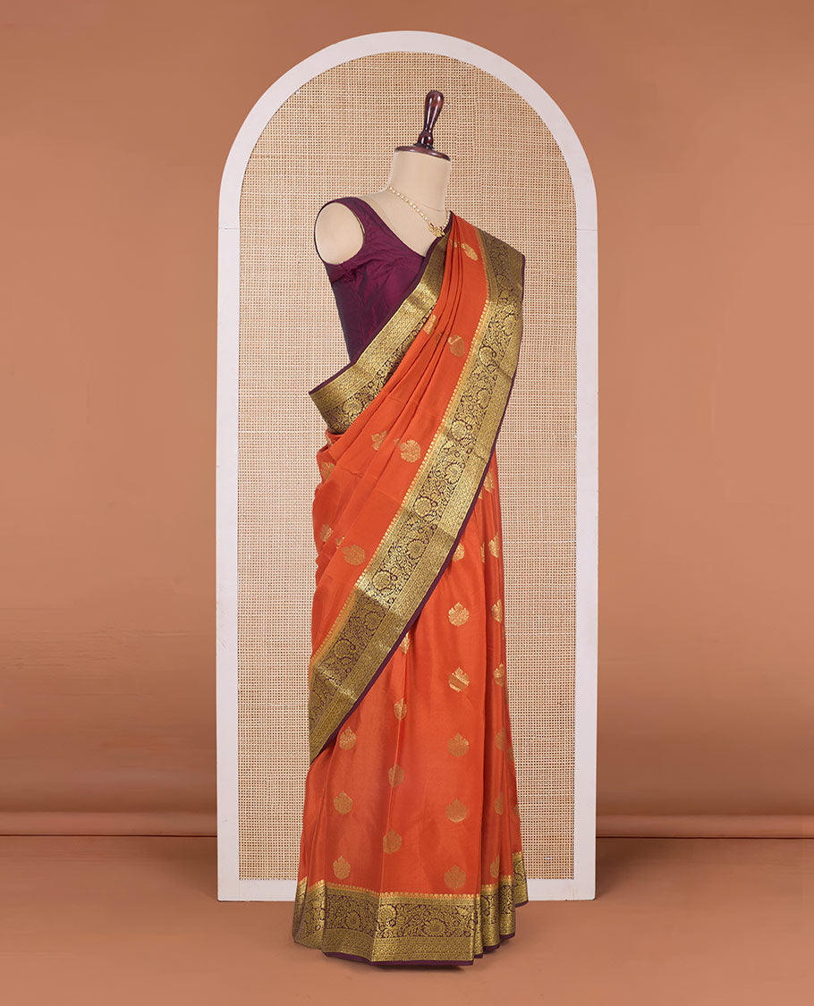 Orange zari buttas Mysore silk saree, contrast traditional zari design border, and intricate paisleys pallu