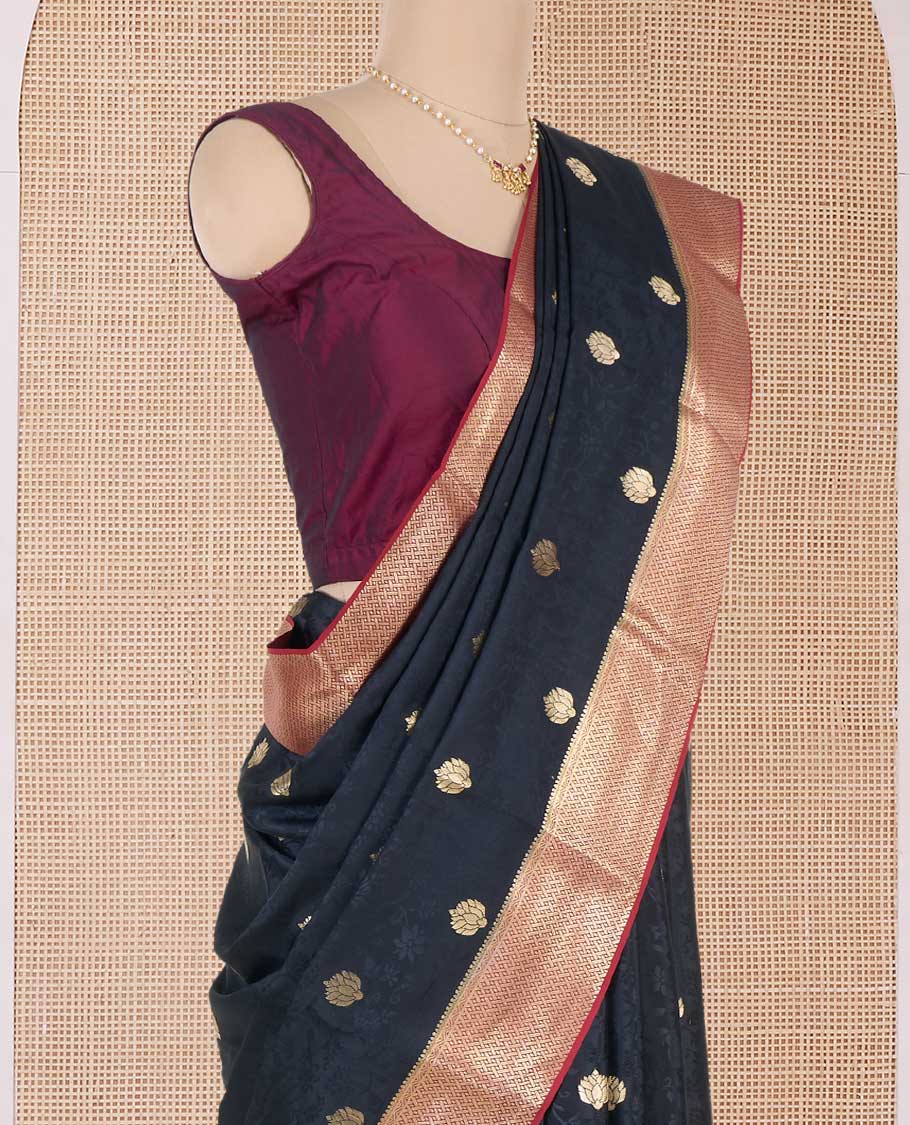 Black floral vine embossed and zari buttas Mysore silk saree, contrast traditional zari design border, and pallu