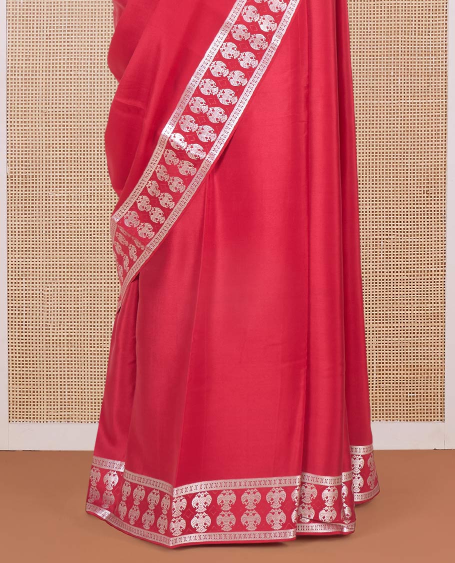 Red plain Mysore silk saree, two-headed eagle zari woven border, and pallu of two-headed eagle motifs