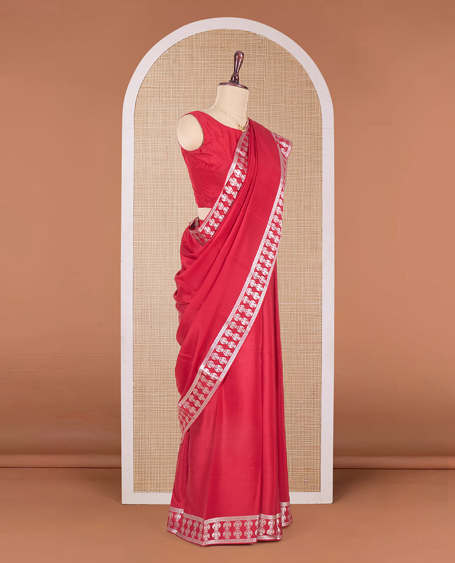 Red plain Mysore silk saree, two-headed eagle zari woven border, and pallu of two-headed eagle motifs