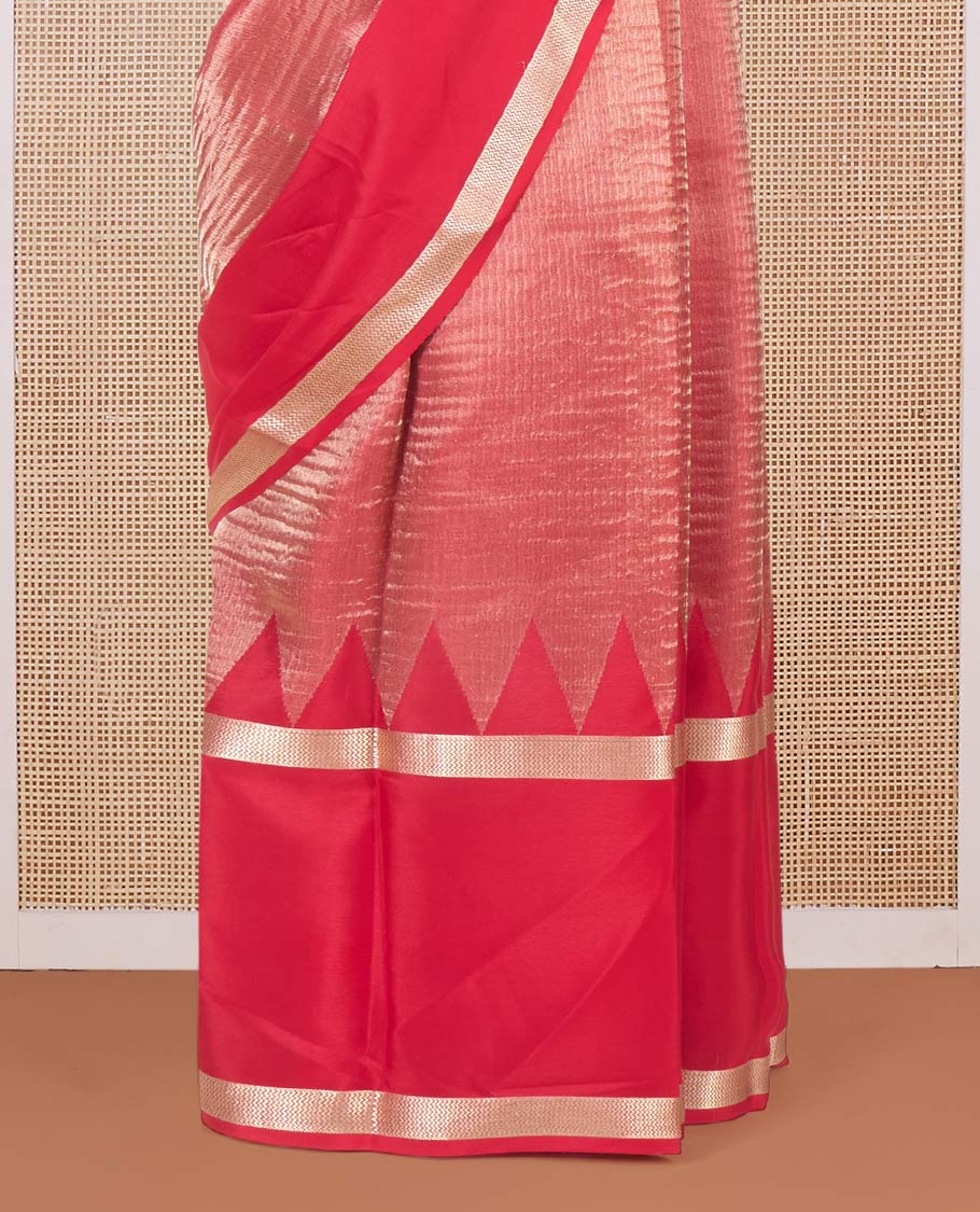 Red plain shimmer Mysore silk saree, rettai pettu temple border, and Pichwai cow motifs zari pallu