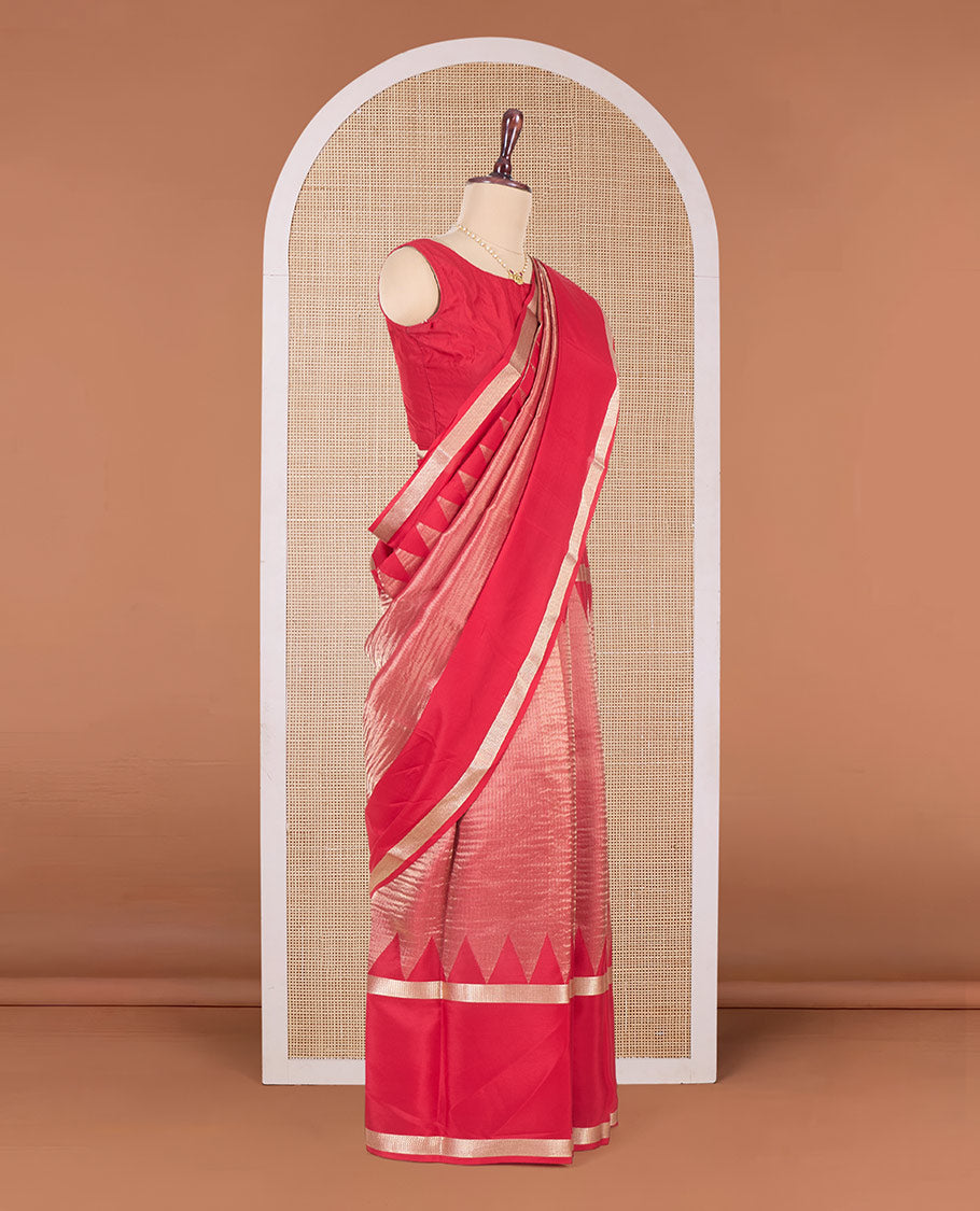 Red plain shimmer Mysore silk saree, rettai pettu temple border, and Pichwai cow motifs zari pallu