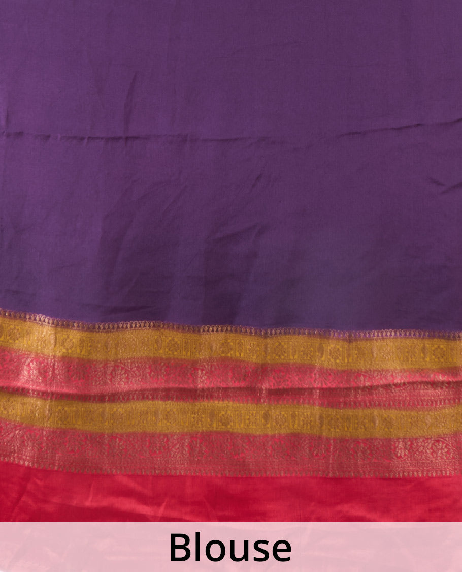 Purple zari buttas Mysore silk saree, contrast floral creeper zari border, and intricate paisley design pallu