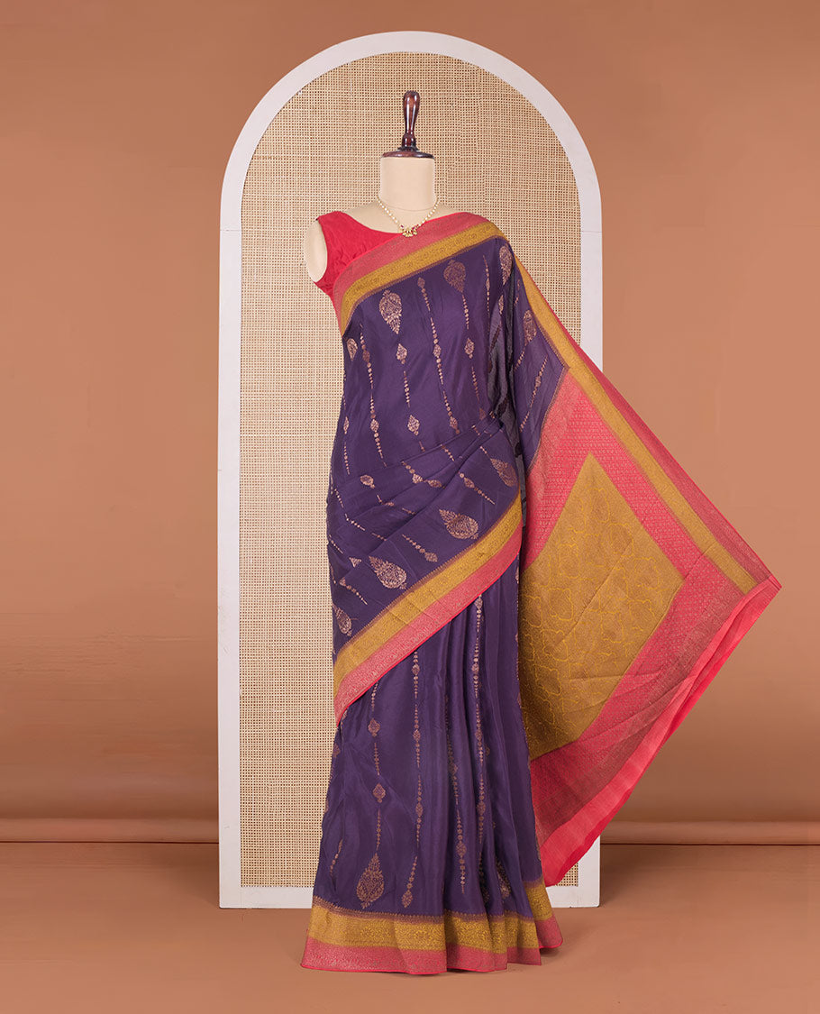 Purple zari buttas Mysore silk saree, contrast floral creeper zari border, and intricate paisley design pallu