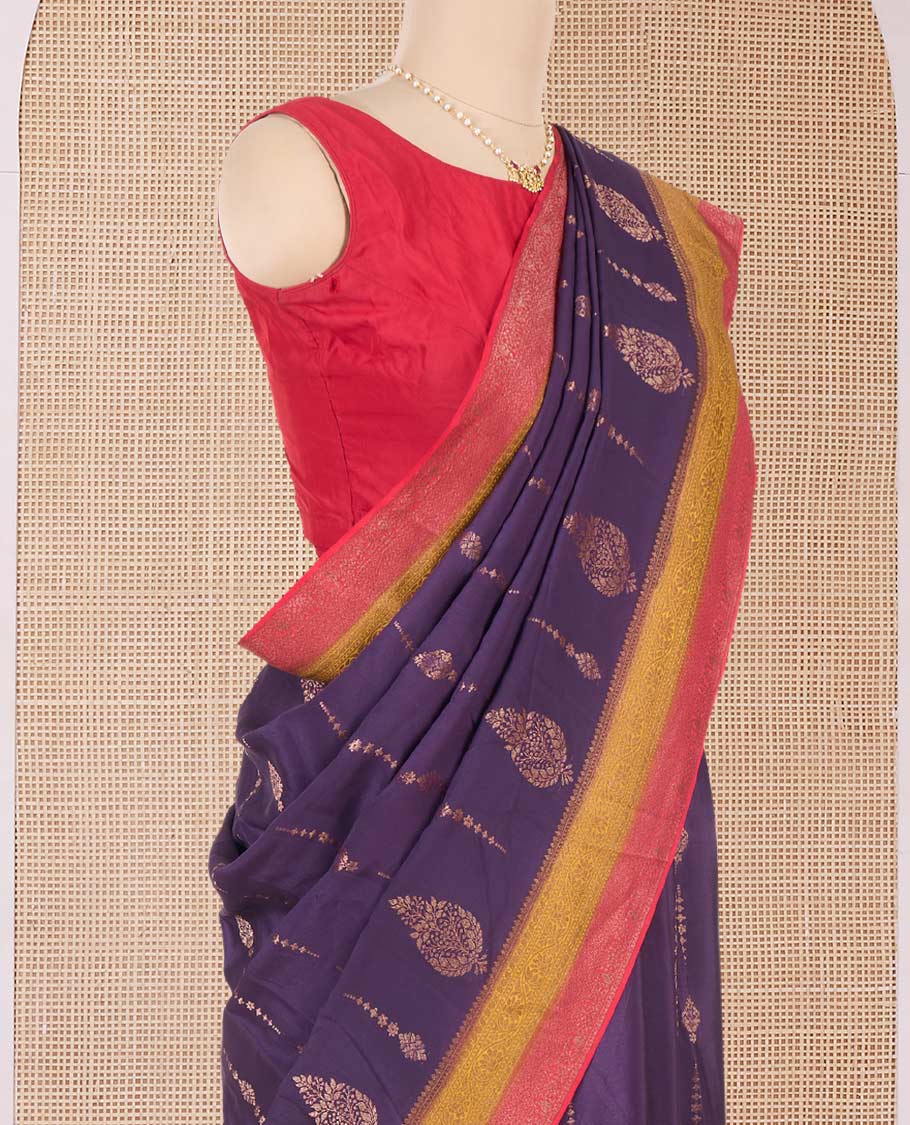 Purple zari buttas Mysore silk saree, contrast floral creeper zari border, and intricate paisley design pallu