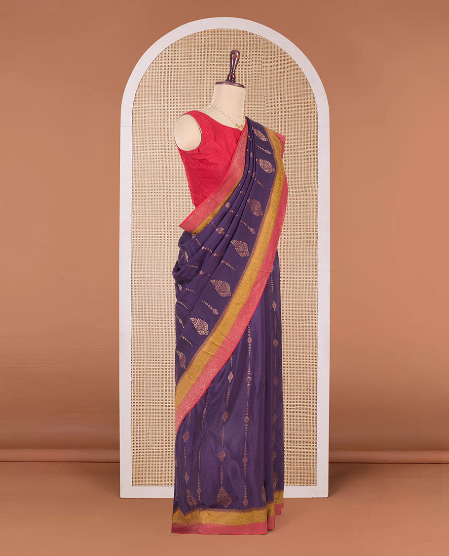 Purple zari buttas Mysore silk saree, contrast floral creeper zari border, and intricate paisley design pallu
