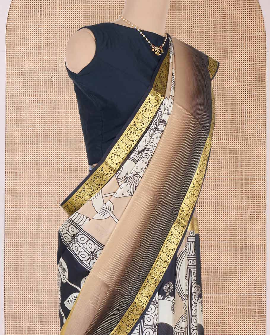 Sandal base kalamkari human motifs printed Mysore silk saree, contrast traditional zari border, and pallu of floral designs