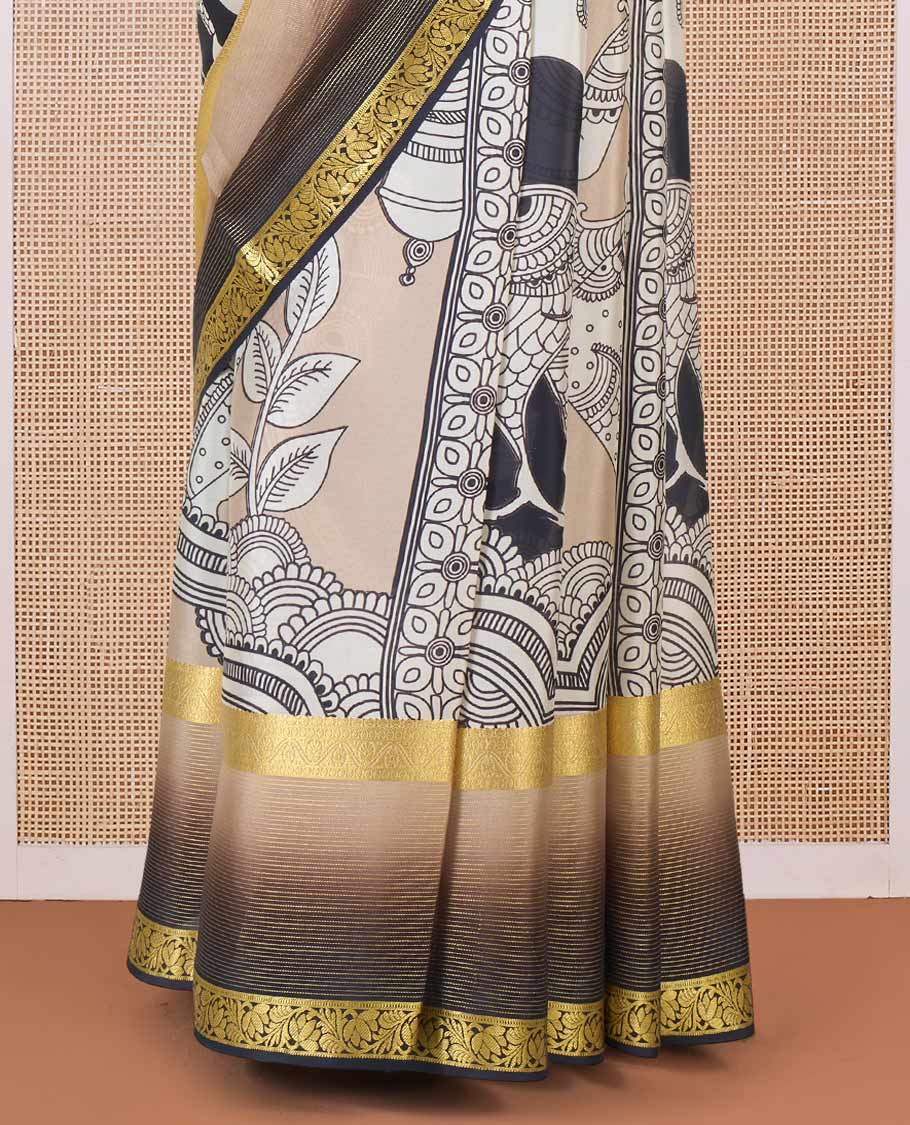 Sandal base kalamkari human motifs printed Mysore silk saree, contrast traditional zari border, and pallu of floral designs