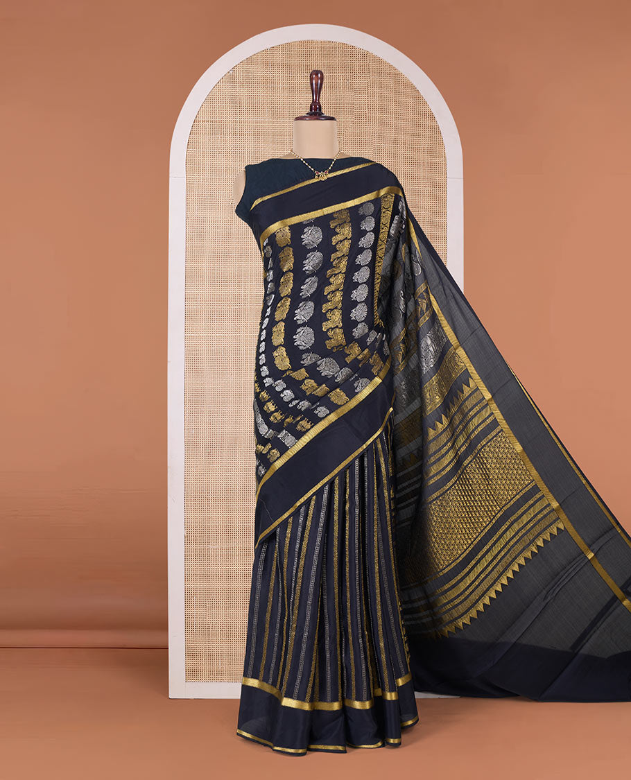 Black peacock and parrot motifs zari woven Mysore silk saree, traditional rettai pettu border, and intricate pallu