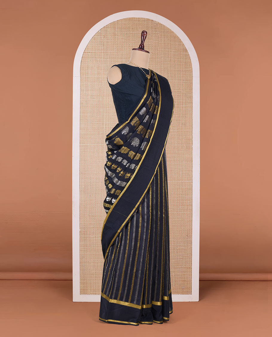 Black peacock and parrot motifs zari woven Mysore silk saree, traditional rettai pettu border, and intricate pallu