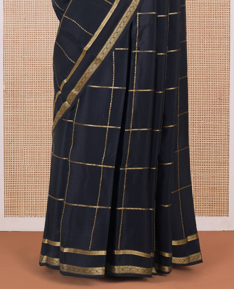 Black zari checked Mysore silk saree, traditional rettai pettu border, and traditional zari designs pallu