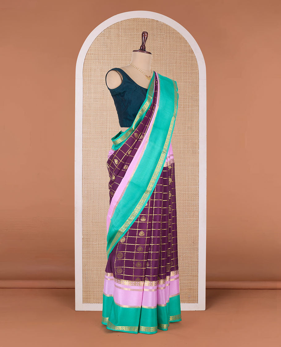 Purple buttas enclosed checked Mysore silk saree, contrast traditional zari border and pallu of zari designs