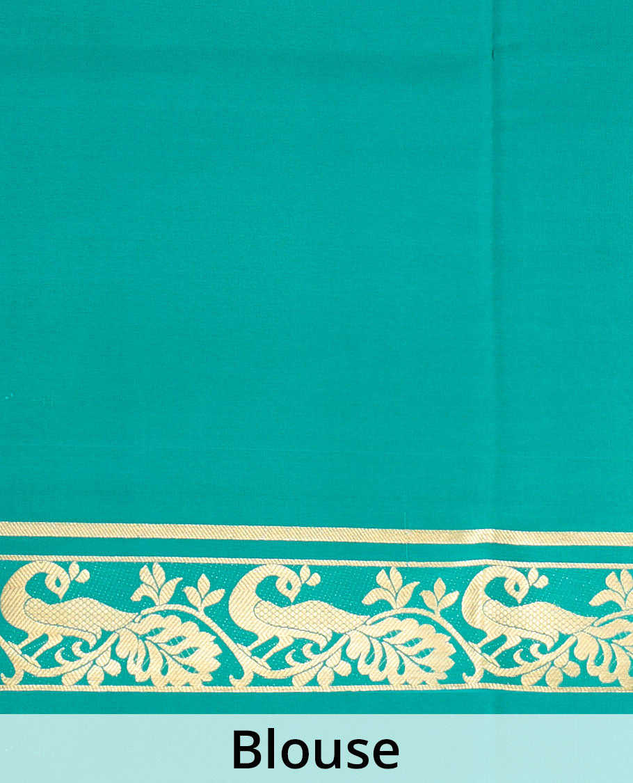 Green plain Mysore silk saree, peacock motifs zari border l, and zari striped pallu