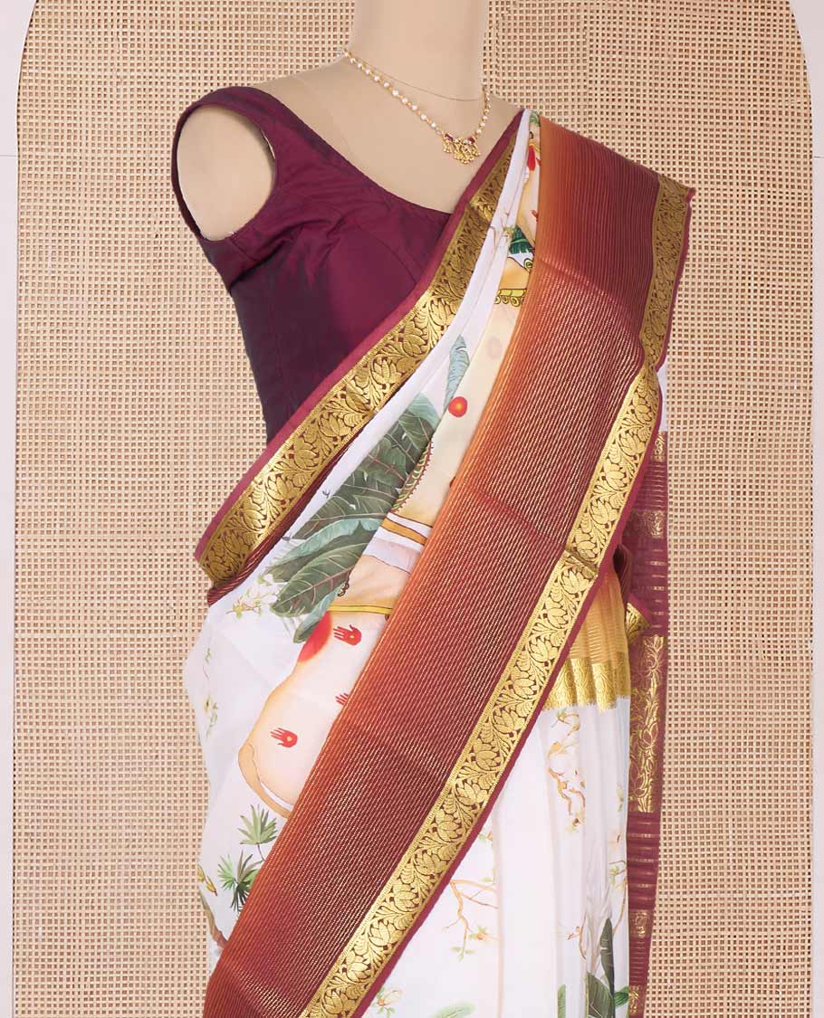 Multi-color auspicious Pichwai theme printed Mysore silk saree, contrast traditional zari border, and pallu of floral zari designs