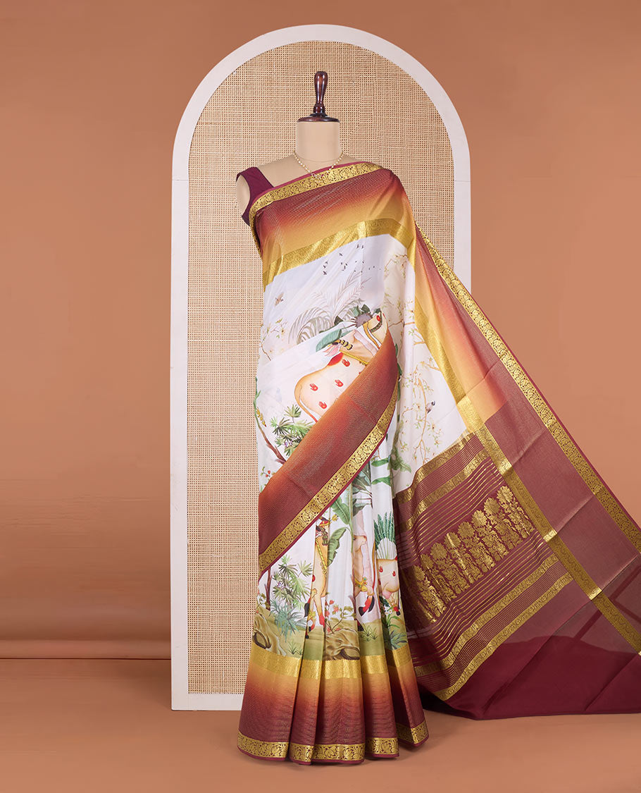Multi-color auspicious Pichwai theme printed Mysore silk saree, contrast traditional zari border, and pallu of floral zari designs