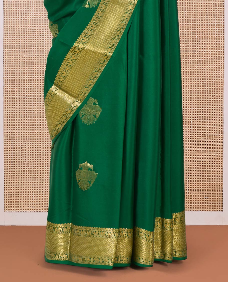 Green two-headed eagle motifs zari woven Mysore silk saree, traditional zari border, and contrast intricate pallu