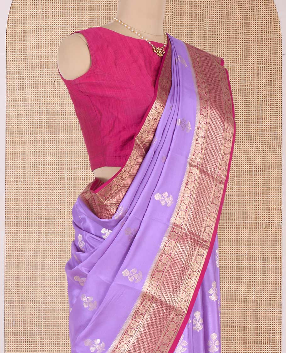 Lavender zari buttas Mysore silk saree, contrast traditional zari border and intricate pallu