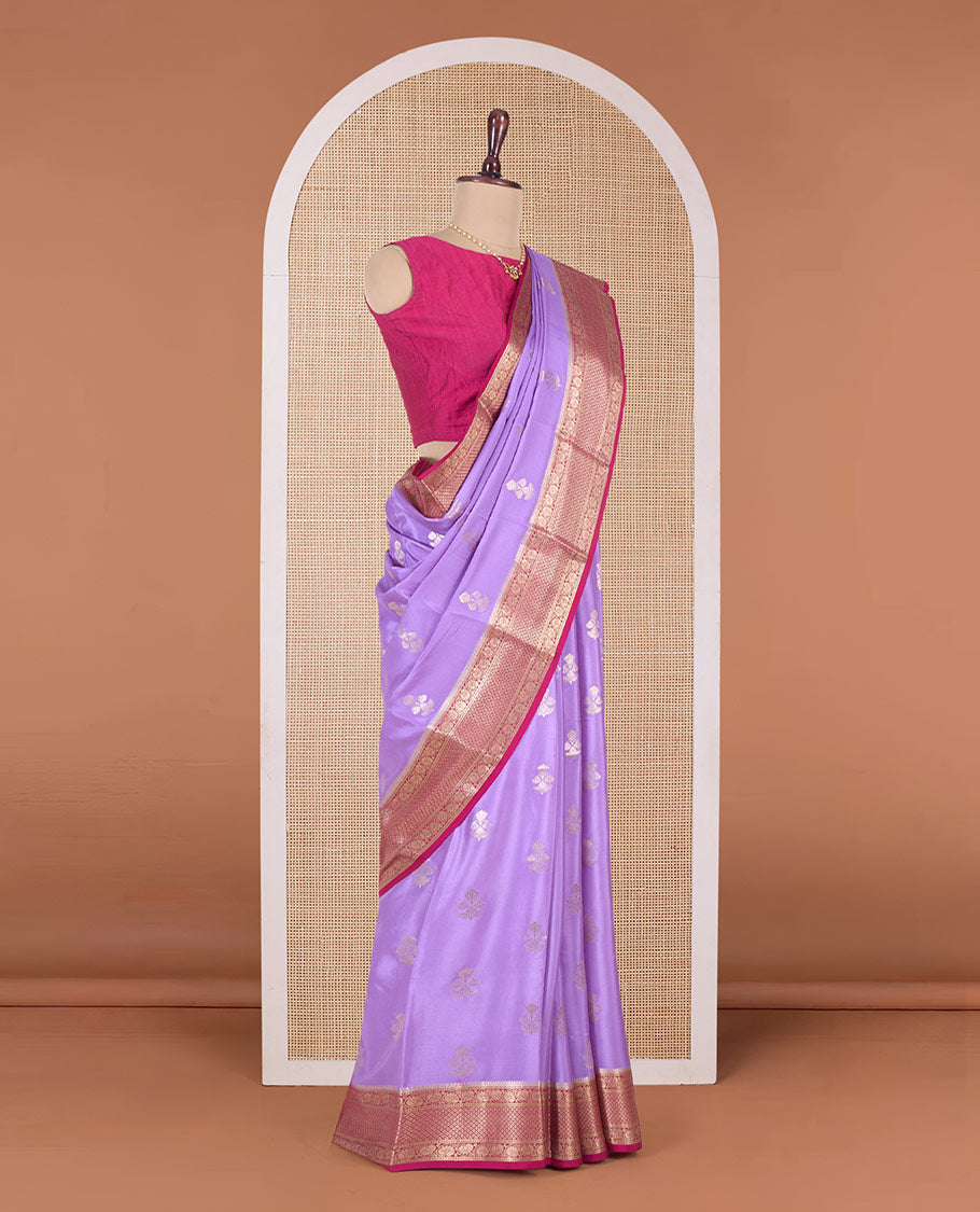 Lavender zari buttas Mysore silk saree, contrast traditional zari border and intricate pallu