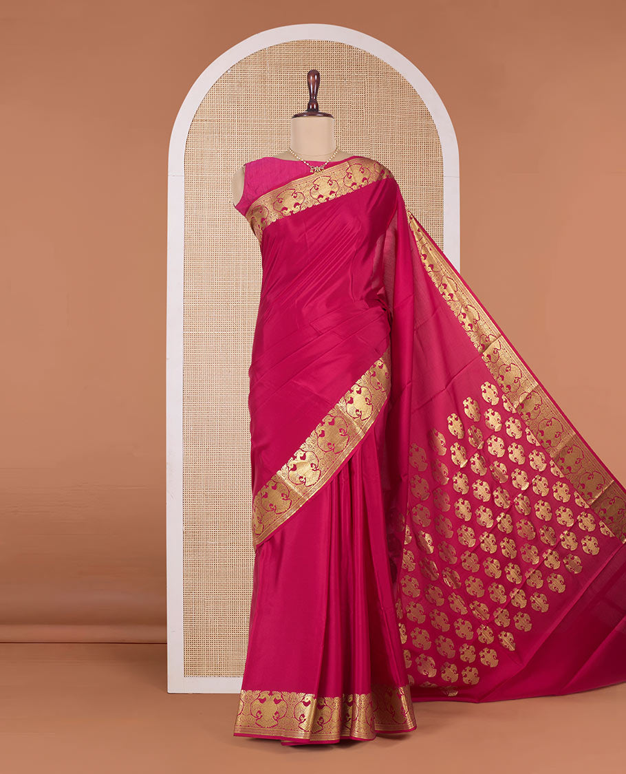 Pink plain Mysore silk saree, two-headed eagle motifs zari woven border, and pallu