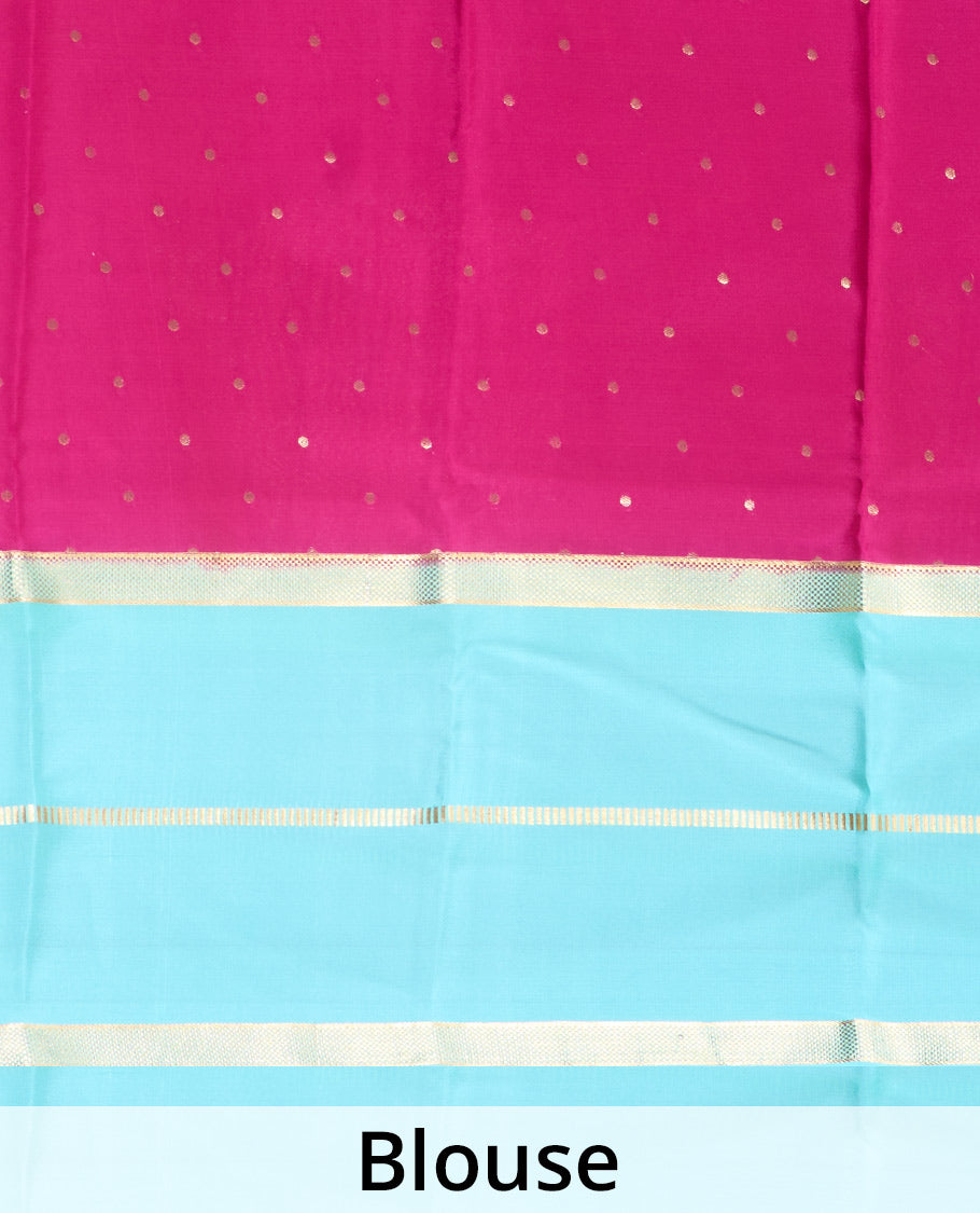 Turquoise plain Mysore silk saree, contrast traditional zari border, and zari-rich pallu